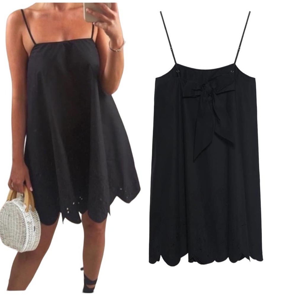 Zara Black Scalloped Hem Mini Dress with Bow Straps